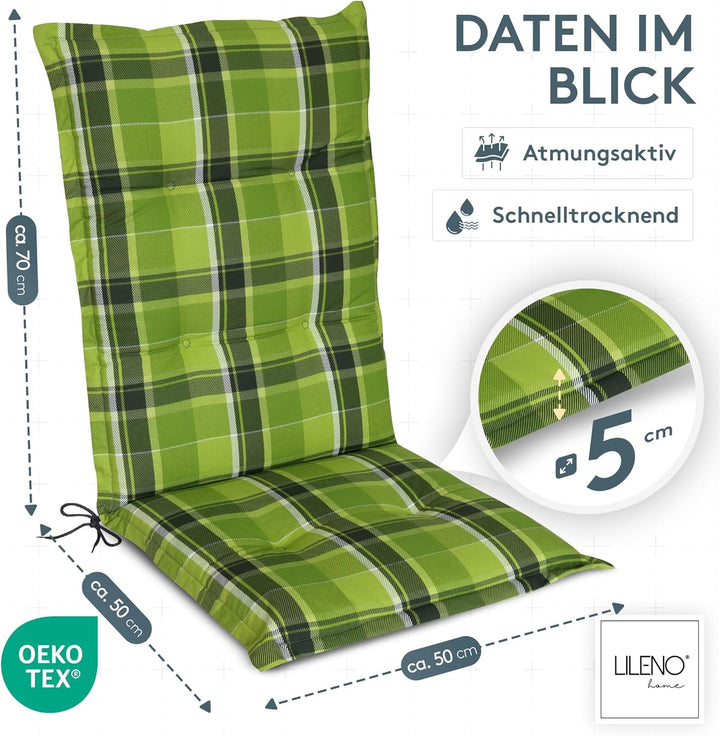 LILENO HOME Gartenstuhl Auflagen als [2er Set - Hochlehner] in Karo Grün - Bequeme Liegen als Sitzau