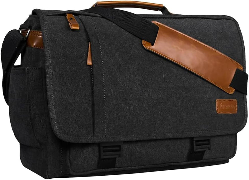 ESTARER Laptoptasche 17 Zoll Umhängetasche Canvas für Arbeit Uni aus Canvas SCHWARZ 17.3 Zoll Schwar