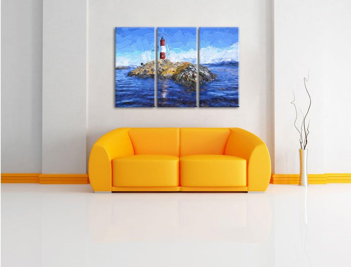 Pixxprint Leuchtturm mit Robben als Leinwandbild/Grösse: 3 Teilig (120x80 cm) cm/Wandbild/Kunstdruck