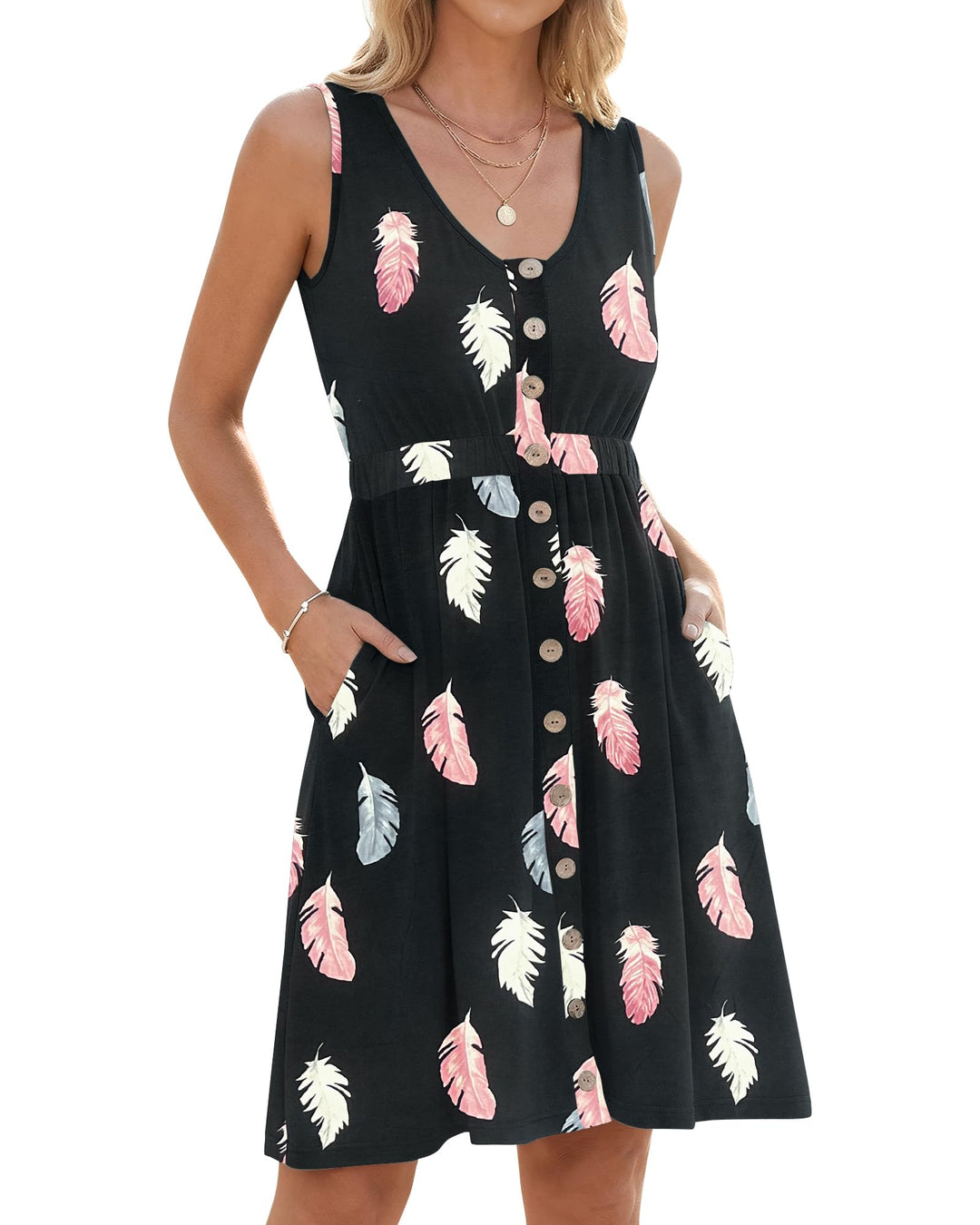 AUSELILY Sommerkleid Damen Ärmellos V-Ausschnitt Minikeid Casual Button Down Strandkleid mit Taschen
