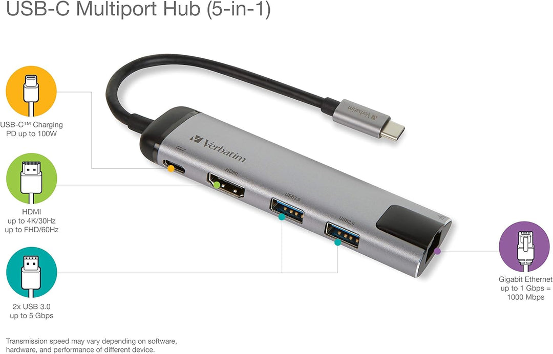 Verbatim USB-C Multiport-Adapter, USB-C-Hub mit USB-3.0, HDMI-4K, Gigabit Ethernet & USB-C Schnellad