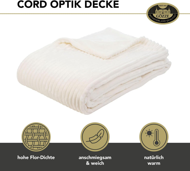 Gözze Wohndecke in Cord Optik, 150 x 200 cm, Wollweiss, 40067-00-150200, Wollweiss