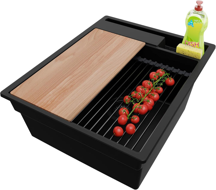 Spülbecken Alles Schwarz 43x53 cm, Granitspüle 1 Becken + Ablauf-Set Schwarz, Küchenspüle ab 45er Un