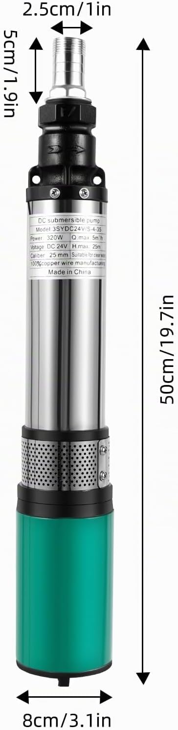 24V Edelstahl Tauchpumpe, 320W 5m³/h 25m Tiefbrunnenpumpe mit 16m Kabel für Landwirtschaft Haus Gart