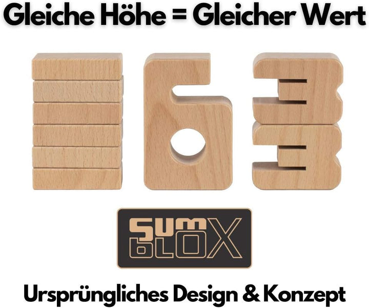 SumBlox Einsteiger Set - 38 Gross Holz Bausteine aus massiver Buche - Premium Zahlenbausteine Montes
