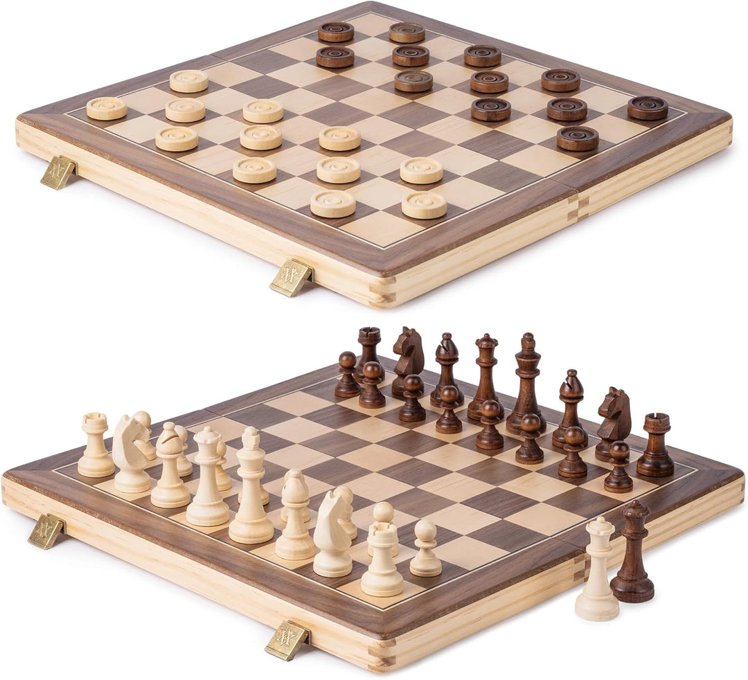 A&A 15 inch Wooden Folding Chess & Checkers Set w/ 3 inch King Height Staunton Chess Pieces / 2 Extr