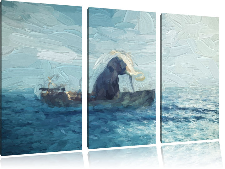 Pixxprint sitzender Elefant im Boot als Leinwandbild/Grösse: 3 Teilig (120x80) / Wandbild/Kunstdruck