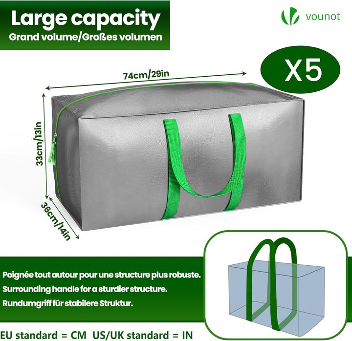 VOUNOT 5 Stück Umzugstaschen Gross, Faltbare Aufbewahrungstasche mit Stabilen Griffen und Rucksackgu