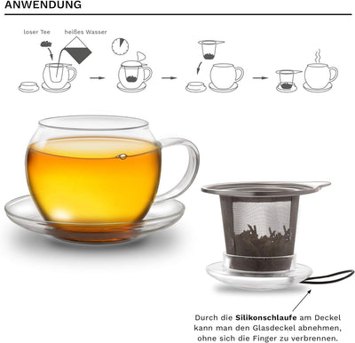 Creano Jumbo Tee-Tasse XXL mit Henkel und integriertem Edelstahlsieb, Glas-Deckel und Untertasse | 4