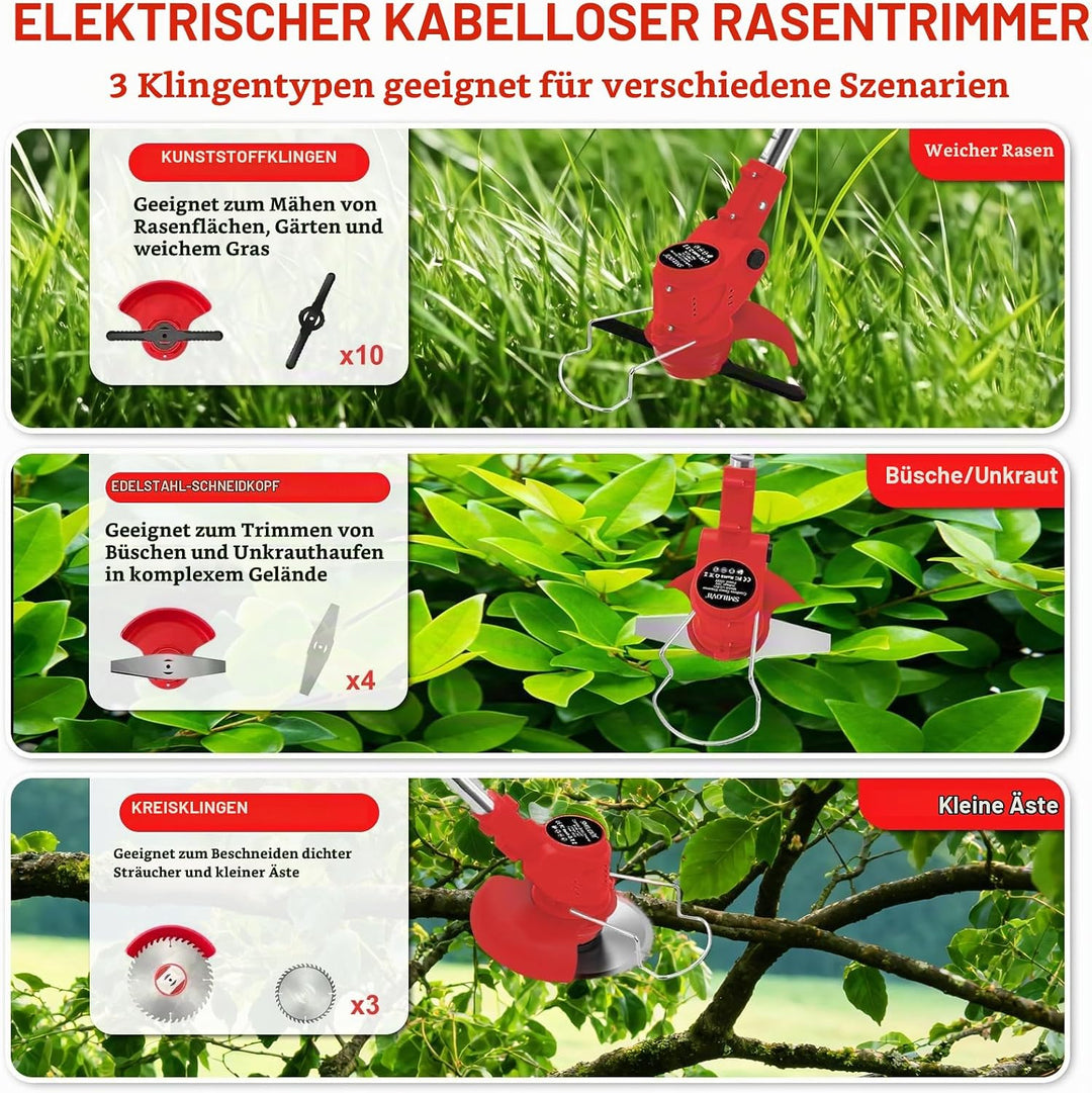 Rasentrimmer mit Akku und Messern 21V Freischneider mit 2 * 2.0 Ah Akkus und Ladegerät 3 in1 Elektri