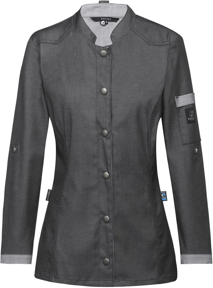 GREIFF Damen Kochjacke Im Bikerstyle Bäckerjacke Regular Fit Langarm mit Druckknopfverschluss XL Gra