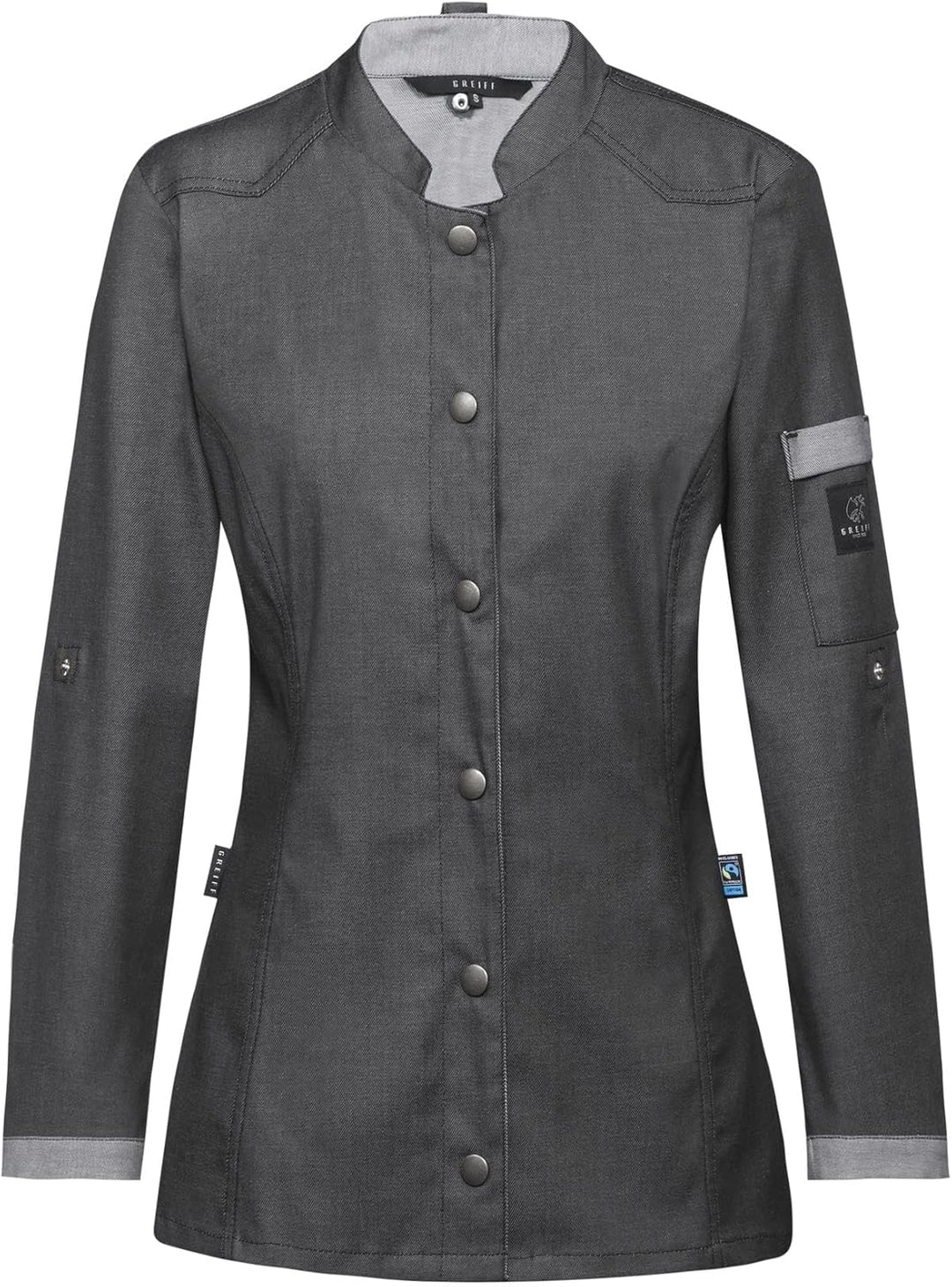 GREIFF Damen Kochjacke Im Bikerstyle Bäckerjacke Regular Fit Langarm mit Druckknopfverschluss XL Gra