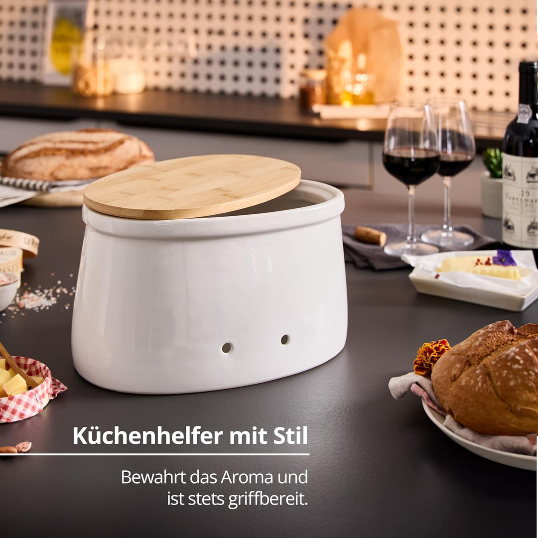 KHG Brotkasten Weiss Keramik Steingut Holzdeckel Bambus, Aufbewahrung Brot oval, Deckel als Schneide