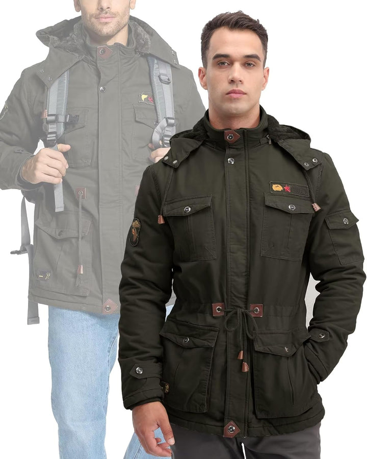 Winterparka Herren Fleece Gefüttert Winterjacke mit Viele Taschen Kapuze Warm Winter Mantel Übergang
