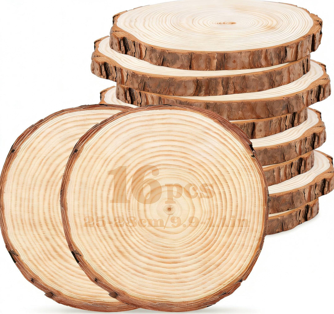 16 Stück Holzscheiben 25 cm Durchmesser, Runde Baumscheiben aus Naturkiefer (1,5cm Dicke) ohne Loch