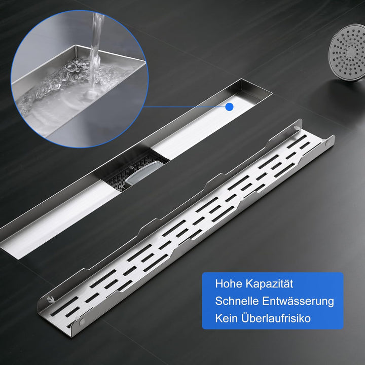 Duschrinne 60cm Gebürstet, 360° Siphon mit Geruchsstop und Haarsieb, 304 Edelstahl Ablaufrinne Boden