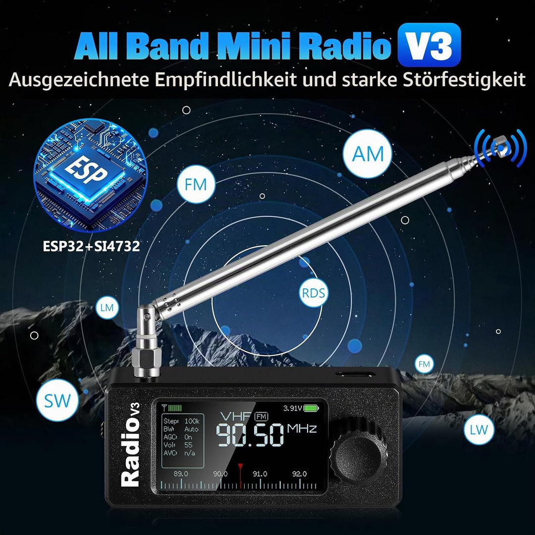 AURSINC Si4732 Mini Radio V3 Pocket Shortwave Radio Receiver, HF SW MW VHF All Band, AM/FM/LSB/USB M