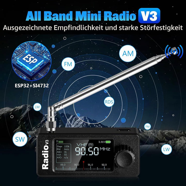 AURSINC Si4732 Mini Radio V3 Pocket Shortwave Radio Receiver, HF SW MW VHF All Band, AM/FM/LSB/USB M