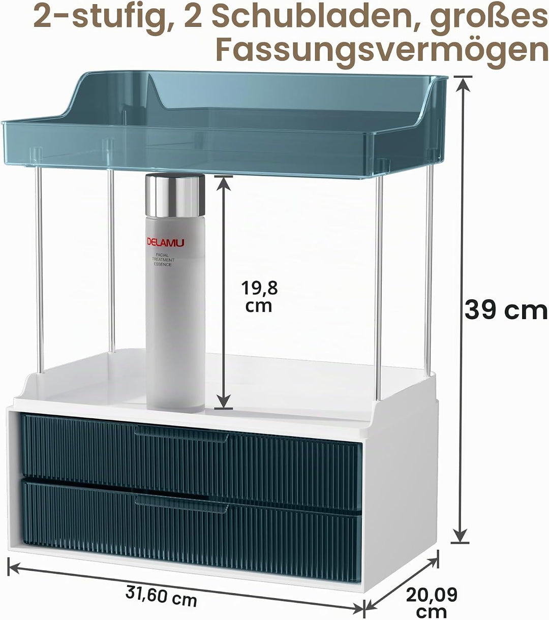 Delamu Make Up Organizer mit 2 Schubladen, 2 Etagen Kosmetik Organizer, Multifunktions Grösser Kosme