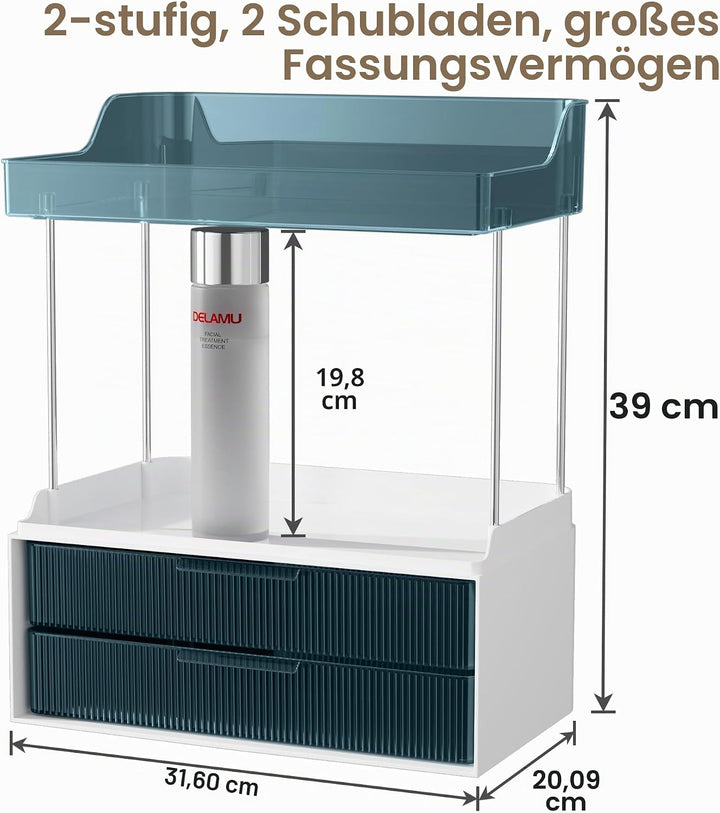 Delamu Make Up Organizer mit 2 Schubladen, 2 Etagen Kosmetik Organizer, Multifunktions Grösser Kosme