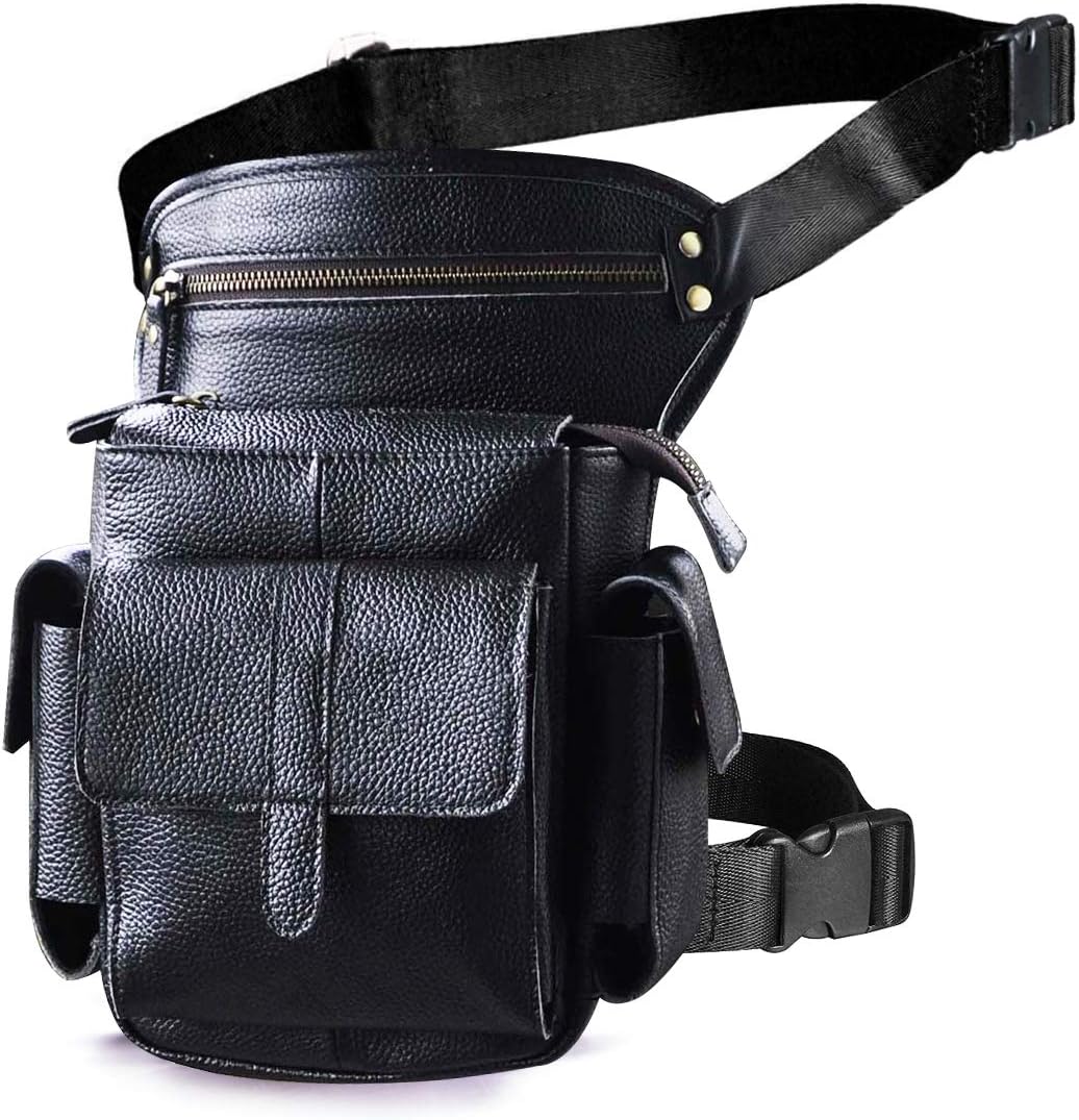 Le'aokuu Herren Echtes Leder Hüfttasche Gürteltasche Bauchtasche Reissverschluss Motorrad Messenger
