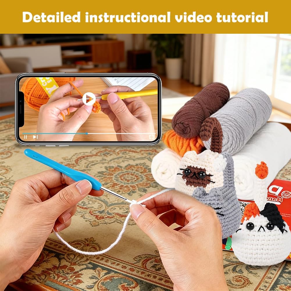 Zinueen Häkelset für Anfänger mit Videoanleitung - Komplettes Crochet Set für 3 süsse Katzen | Einfa