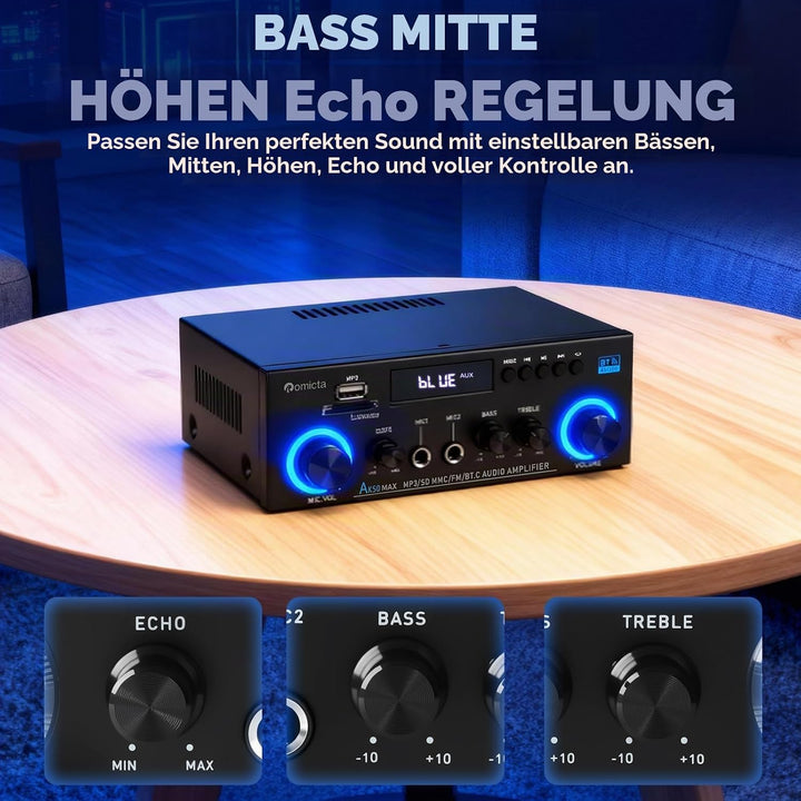 HiFi-Verstärker, Mini Bluetooth Stereo Audio Verstärker Receiver 12V/ 220V 800W 2 Kanäle Endverstärk