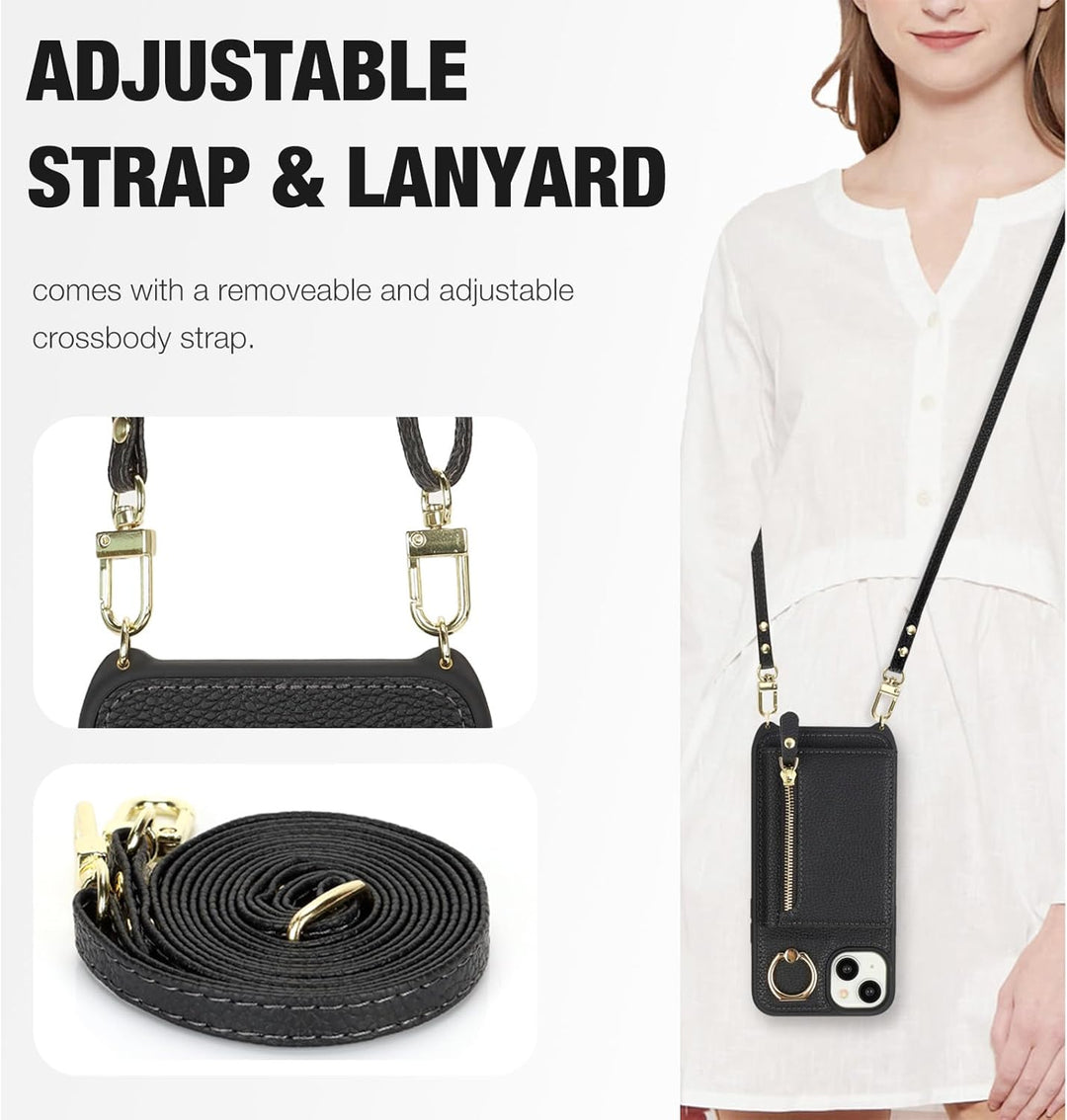 ELTEKER Handyhülle für iPhone 13 Hülle mit Band Kartenfach Handykette Ringhalterung Geldbörse,Leder