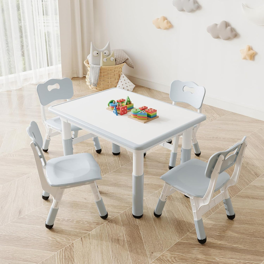 Kindertisch Mit 4 Stühlen, Höhenverstellbare Kinder Tisch Stuhl Set Mit 80x60cm Abwischbarer Tischpl