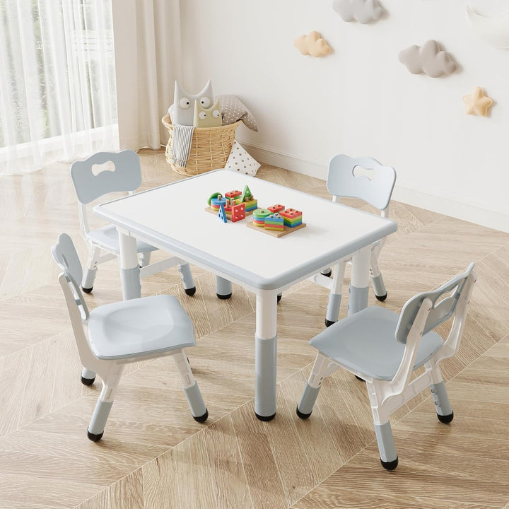 Kindertisch Mit 4 Stühlen, Höhenverstellbare Kinder Tisch Stuhl Set Mit 80x60cm Abwischbarer Tischpl