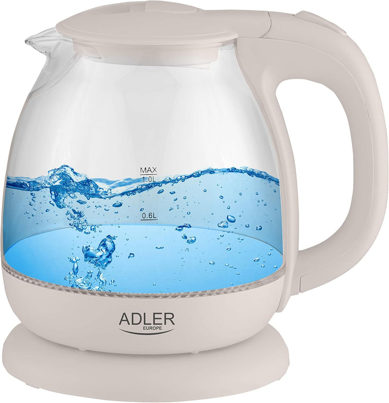 adler AD 1238 Elektrischer Wasserkocher aus Glas, klein, 1 l, 1100 W, LED-Beleuchtung, 1 Liter, Beig