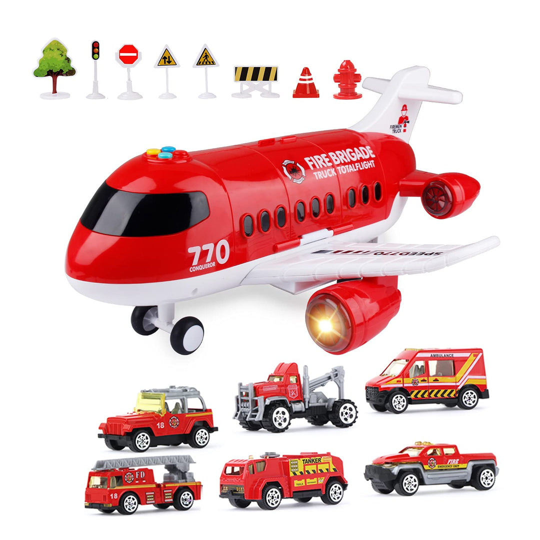 Jenilily Feuerwehr Flugzeug Spielzeug Auto mit Verkehrsschilder  Kleinkind Transporter Spielzeugauto