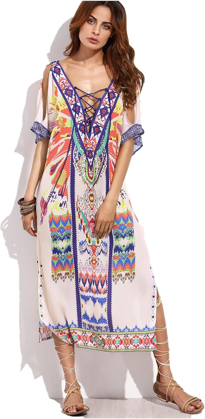Merciy Boho Damen Strandponcho Sommer Kleid Überwurf Kaftan Strandkleid Bikini Tunika Cover Up (Misc