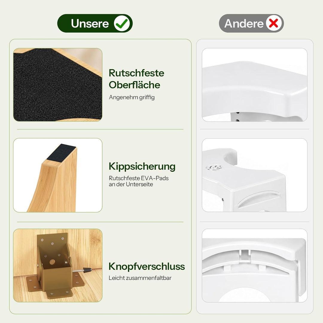 HOOBRO Klappbarer Toilettenhocker aus Bambus, Verstellbarer Klohocker mit Rutschfester Unterseite, m