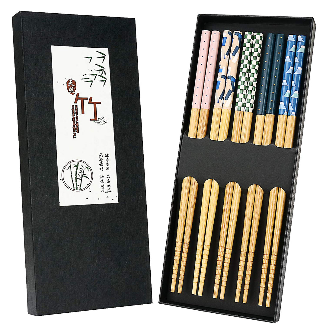 5 Paar japanische natürliche Bambus-Essstäbchen mit einzigartigem Aufdruck, wiederverwendbare Essstä