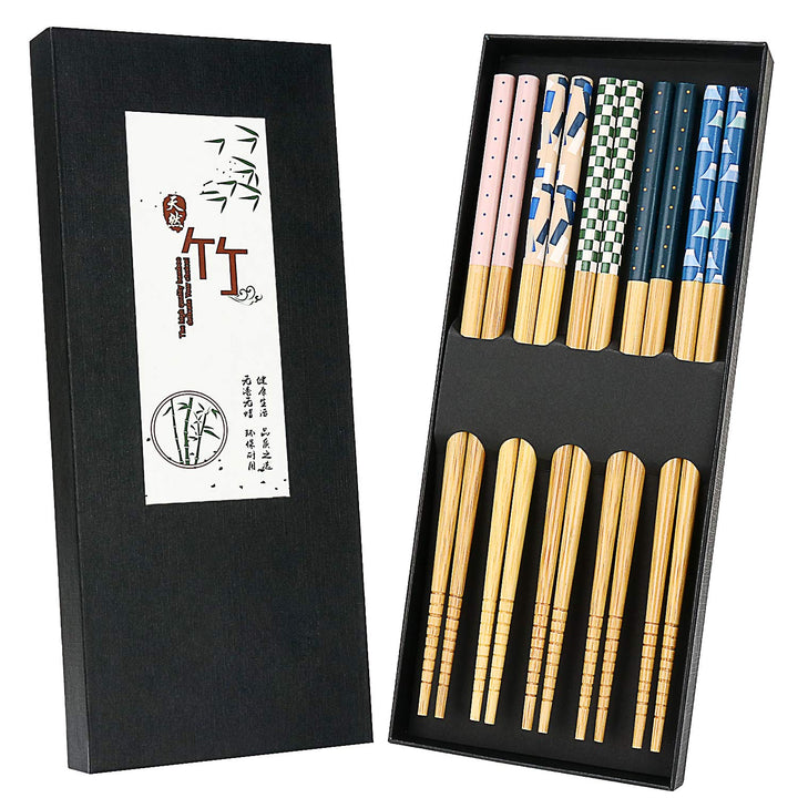 5 Paar japanische natürliche Bambus-Essstäbchen mit einzigartigem Aufdruck, wiederverwendbare Essstä