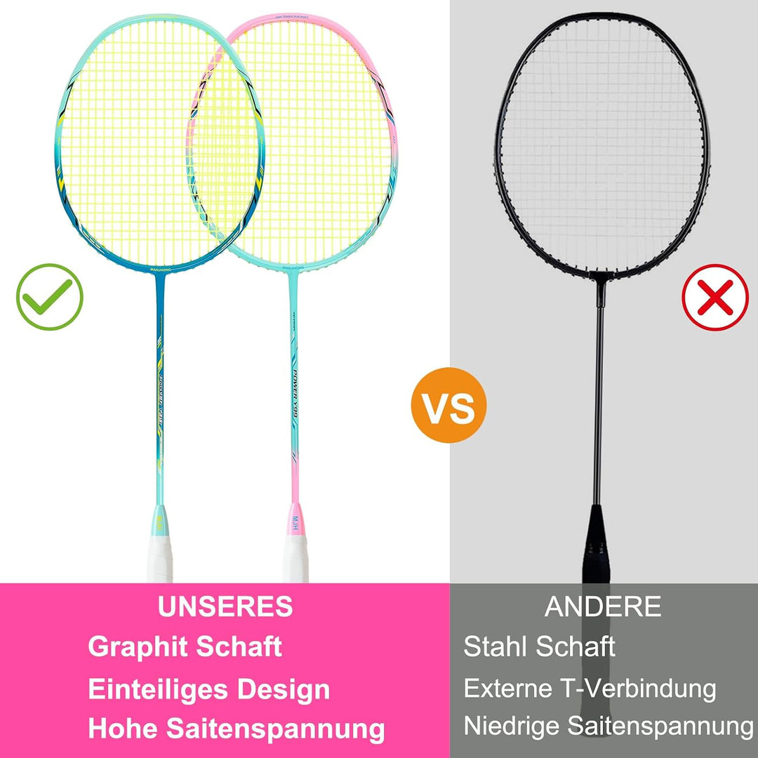 Badminton Set mit 2 Graphit Schläger - Kratzfestes Design - Federball Set für Erwachsene Incl. Feder