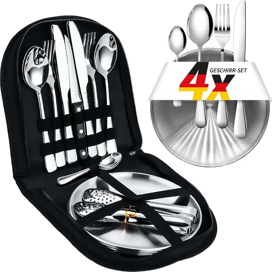 [23-teilig für 4 Personen] Camping Besteckset. Edelstahl-Gabeln, Messer und Löffel. Inklusive tragba