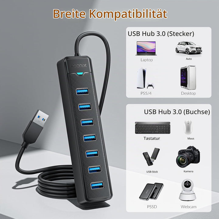 iDsonix USB Hub 3.0, 7 Ports USB Hub [0.5m] USB Verteiler Multiport Adapter USB Splitter 5Gbps Data