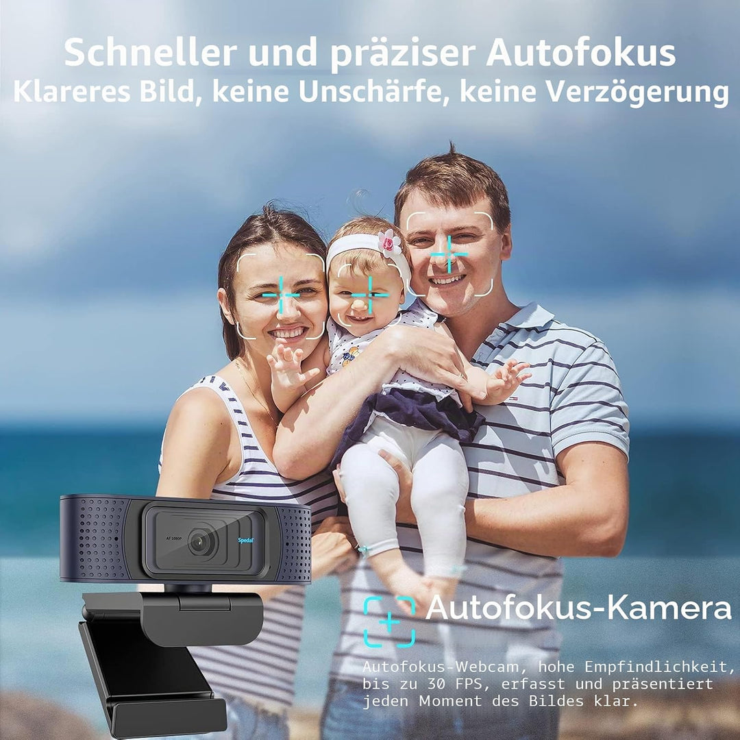 Spedal 1080p Full HD Webcam mit Autofokus, Dual Mikrofon & Privatsphäre Schutz, USB Anschluss, kompa