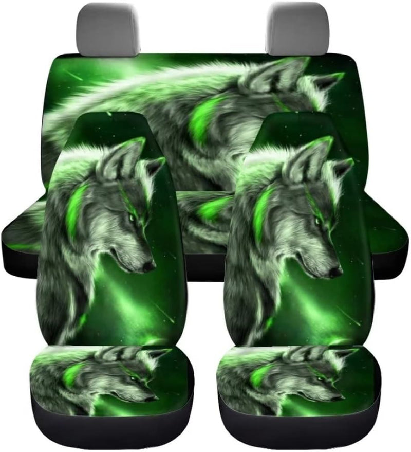 chaqlin Galaxy Green Wolf Auto Sitzbezug Set,4 Pcs Universal Auto Vordersitzbezüge Tier Wolf Hinter