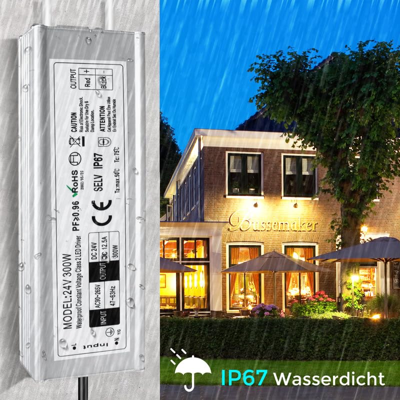 LED Trafo 24V 300W IP67, Outdoor Wasserdicht Transformator mit Stecker, LED Netzteil Treiber 230V au