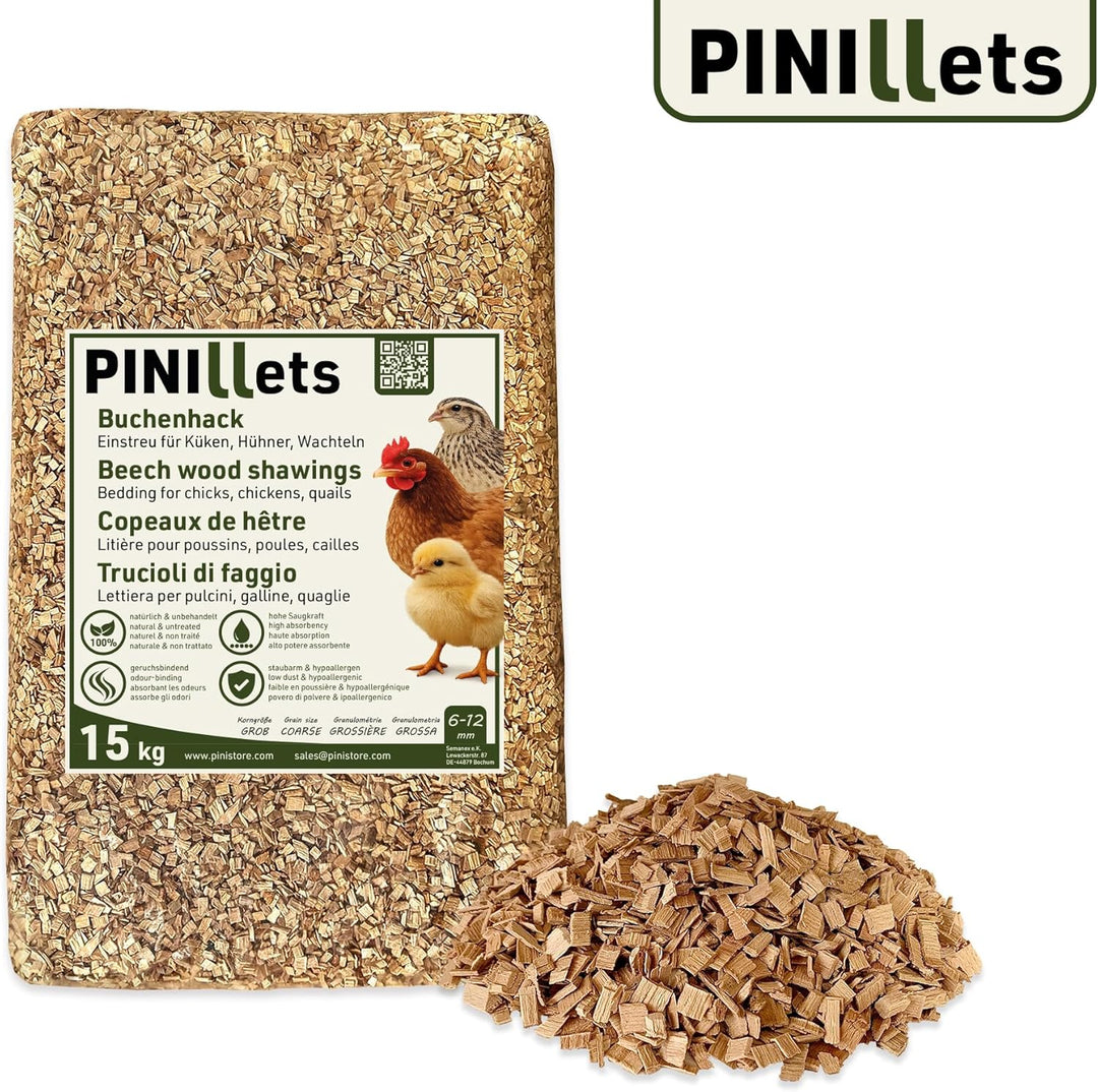 PINI Buchenhack 15 kg staubfreie hygienische Einstreu grob für Küken Hühner Wachteln Stall hohe Saug