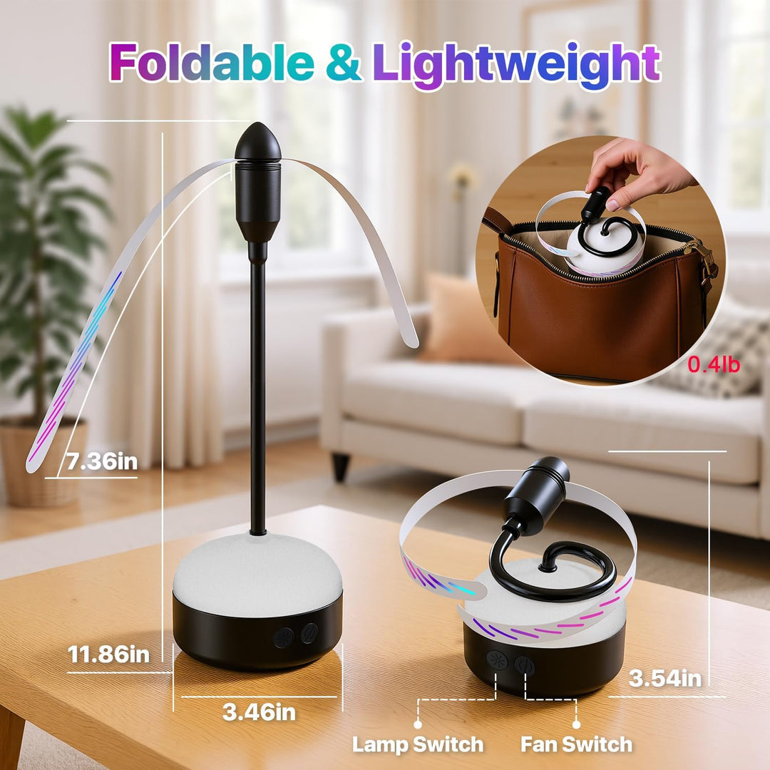 YAMI 2er-Pack Fliegenventilatoren für Tische mit LED-Licht, wiederaufladbarer Tischventilator mit we