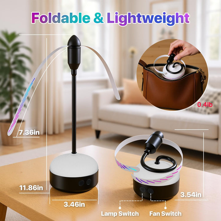 YAMI 2er-Pack Fliegenventilatoren für Tische mit LED-Licht, wiederaufladbarer Tischventilator mit we