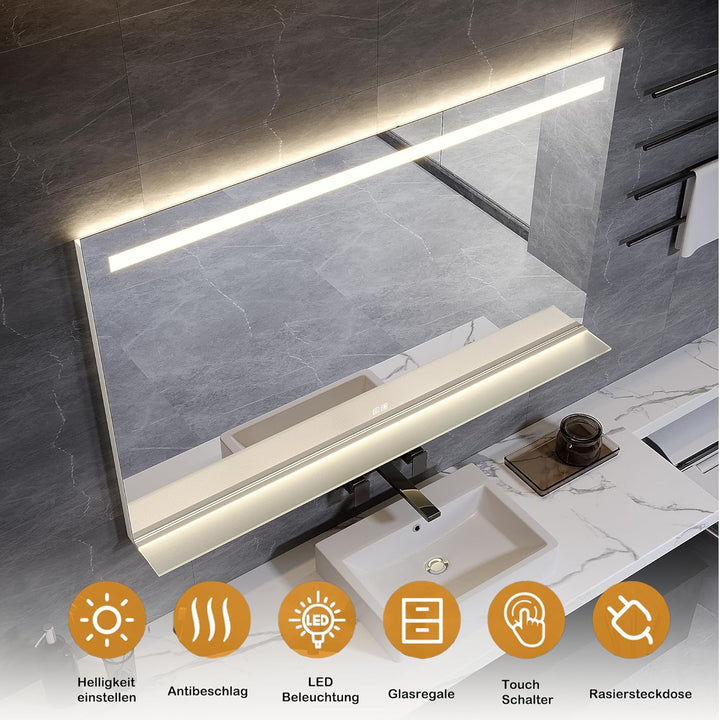 LED Badspiegel, 1200x750 mm, mit Ablage aus gehärtetem Glas, 3 Farbtemperaturen+Antibeschlag+Touch-S