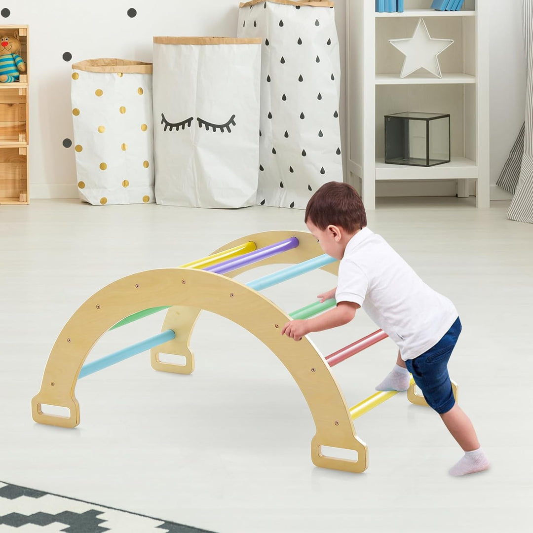 HOMASIS Kletterbogen mit Kissen, Holz Klettergerüst Indoor, Montessori Holzwippe Bogenwippe zum Wipp