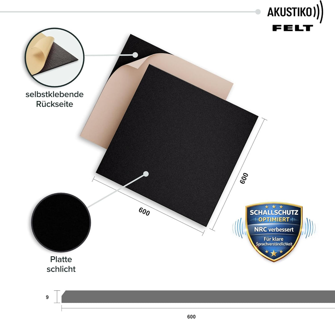 1 Stück Akustikplatte 60x60cm (Schwarz Schlicht, 0.36m²) Filz 9mm Schallschutz Akustikfilz selbstkle