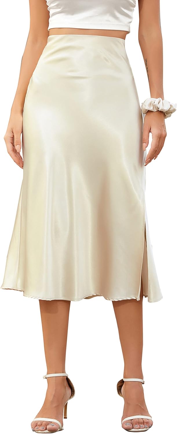 Alcea Rosea Damen Rock Satin seitenschlitz Rock figurbetont Elastische Taille Bleistiftrock Sommerro
