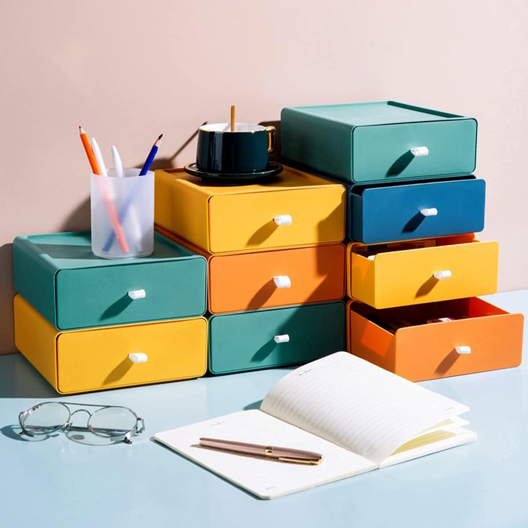 MIVIDE 4er Stapelbare Schubladenboxen, 20.5 x 19.5 x 7.3cm Aufbewahrungsbox mit Schubladen, Plastik